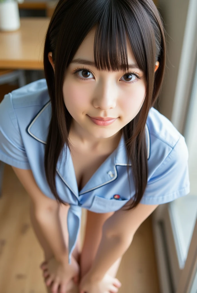 (masterpiece, best quality:1.2), 8k, official art, raw photo, incredibly absurdres, 1girl,15 years old,(loli:1.0),(small brests:1.2),(skinny:1.2),high school student,beautiful girl,(short ponytails:1.2),akb48,nogizaka46, 1girl, solo, looking at viewer, (smile:1.2), bangs, black hair, sitting, ponytail, sky, penis, day, indoors, window, bed, on bed, curtains, ,bedroom,1man,penis,handjob, 1boy,(facial:1.5),(cum:1.5),( ejaculation:1.5),(fullnude:1.0),(serafuku:1.4), pov