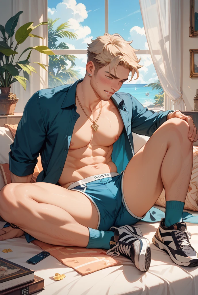 jake gillian, with open white shirt, and black thong underwear, laying in bed full body, blond buzzcut hair