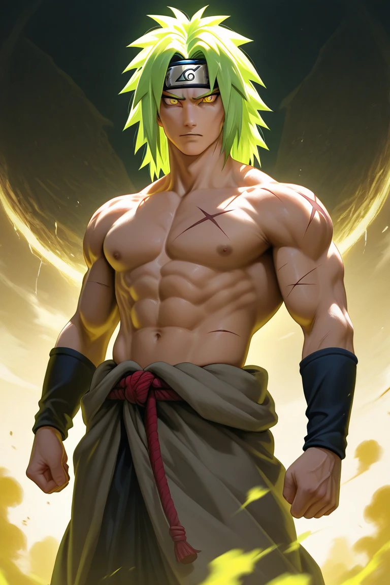 Wukong, full body, Green hair, of a shirtless, style of anime, Bright yellow skin, Super muscular, white background, punching, scream, erotic, ripped clothes