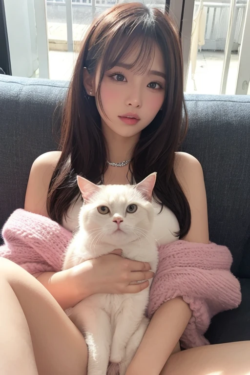 Jennie kim, ethereal beauty, long brown hair, full lips, White clothes, white cat sitting on a sofa 