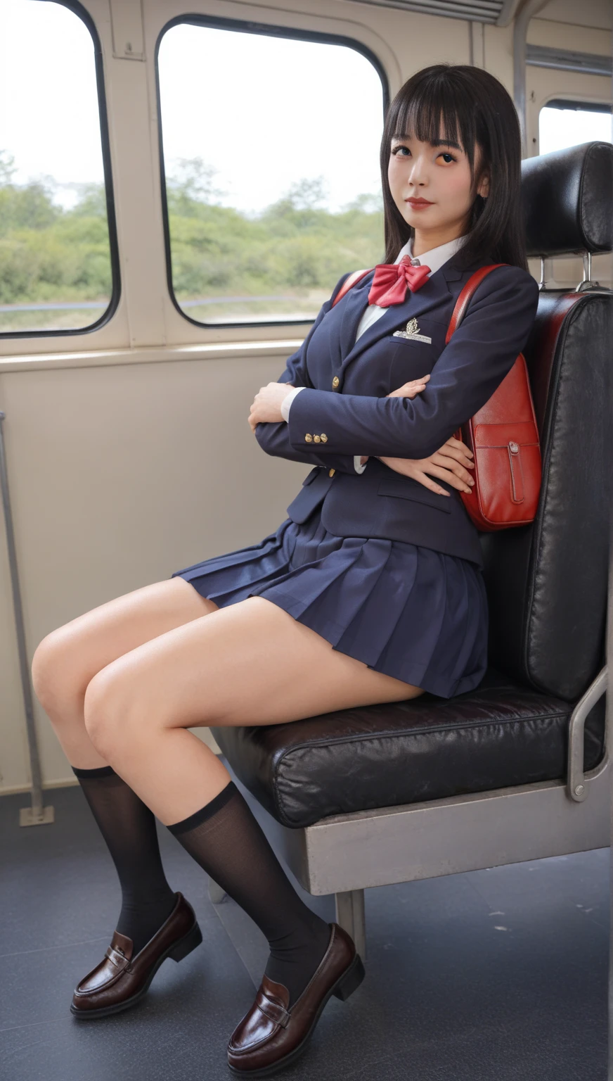 “(tmasterpiece,k hd,hyper HD,4K)brunette color hair,14 years old Japanese girl,Uniform skirts,emphasizing thighs,whitethighhighs,soft thighs,Glossy thighs,Fork the legs、Vaginal thrust by,Sitting on the train,Face-to-face perspective,(From the angle below),sitting in the train seat,sitting in front,Crotch zoom camera,Feet on the train floor,full bodyesbian,Head down and sleepy-eyed,Just look at the audience", best qualtiy, hyper HD, (realisticlying:1.4),, A high resolution, the detail, RAW photogr, Sharp re, Nikon D850 Film Stock Photo by Jefferies Lee 4 Kodak Portra 400 Camera F1.6 shots, rich colors, ultra-realistic vivid textures, dramatic lighting, Unreal Engine Art Station Trend, Cinestir 800,