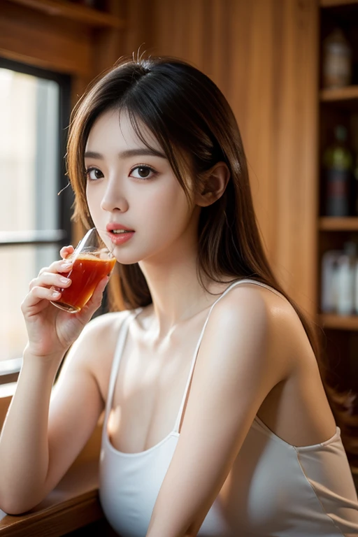 ((top-quality、8K、masterpiece:1.hot reality(1.4))、Sit at the bar counter、50 year old lounge woman、ligh brown hair、Hair is up、Luxurious white dress、Super delicate facial Japan、Delicat eyes、二重まぶた、lightsmile、Drinking whiskey、A slightly sad look