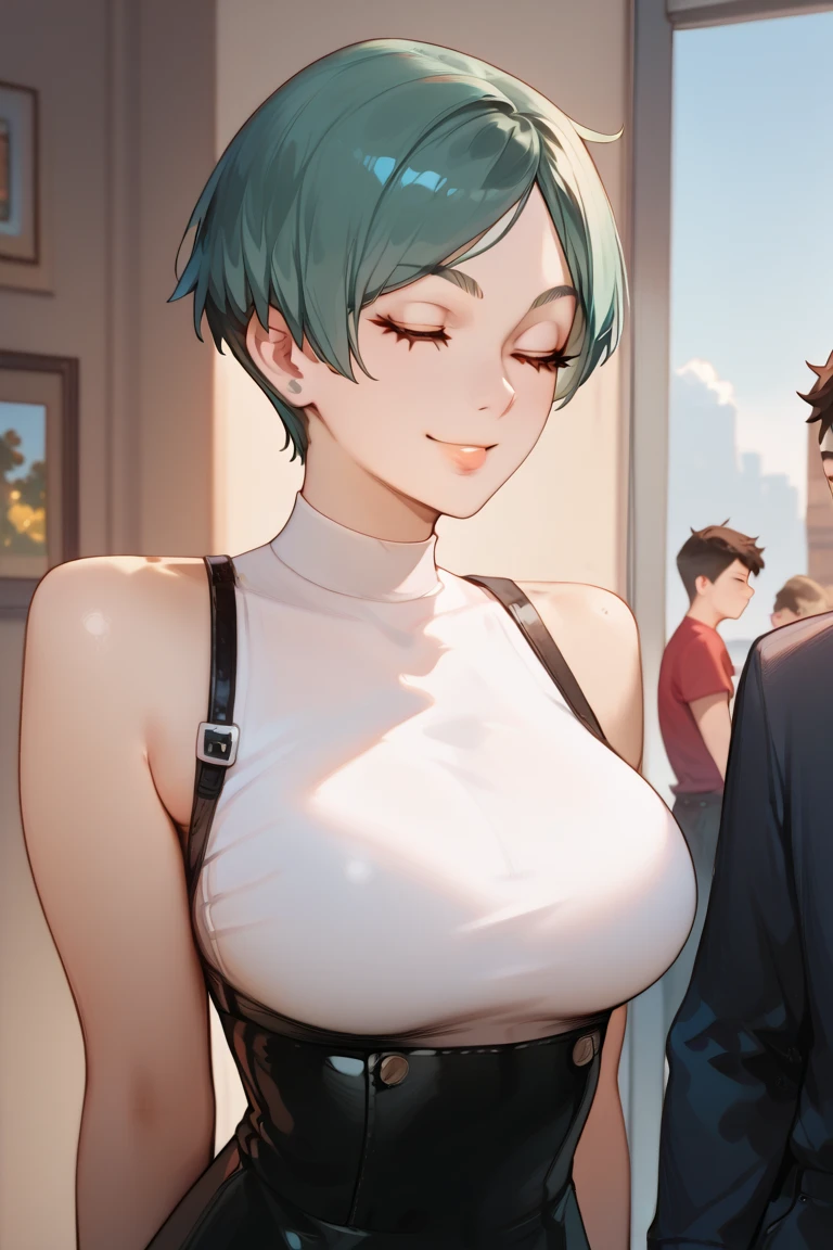 with red over-the-shoulder Chanel hair who wears glasses with a loose blouse and shorts and a dark-skinned male friend who wears glasses, low hair with everyday clothes
