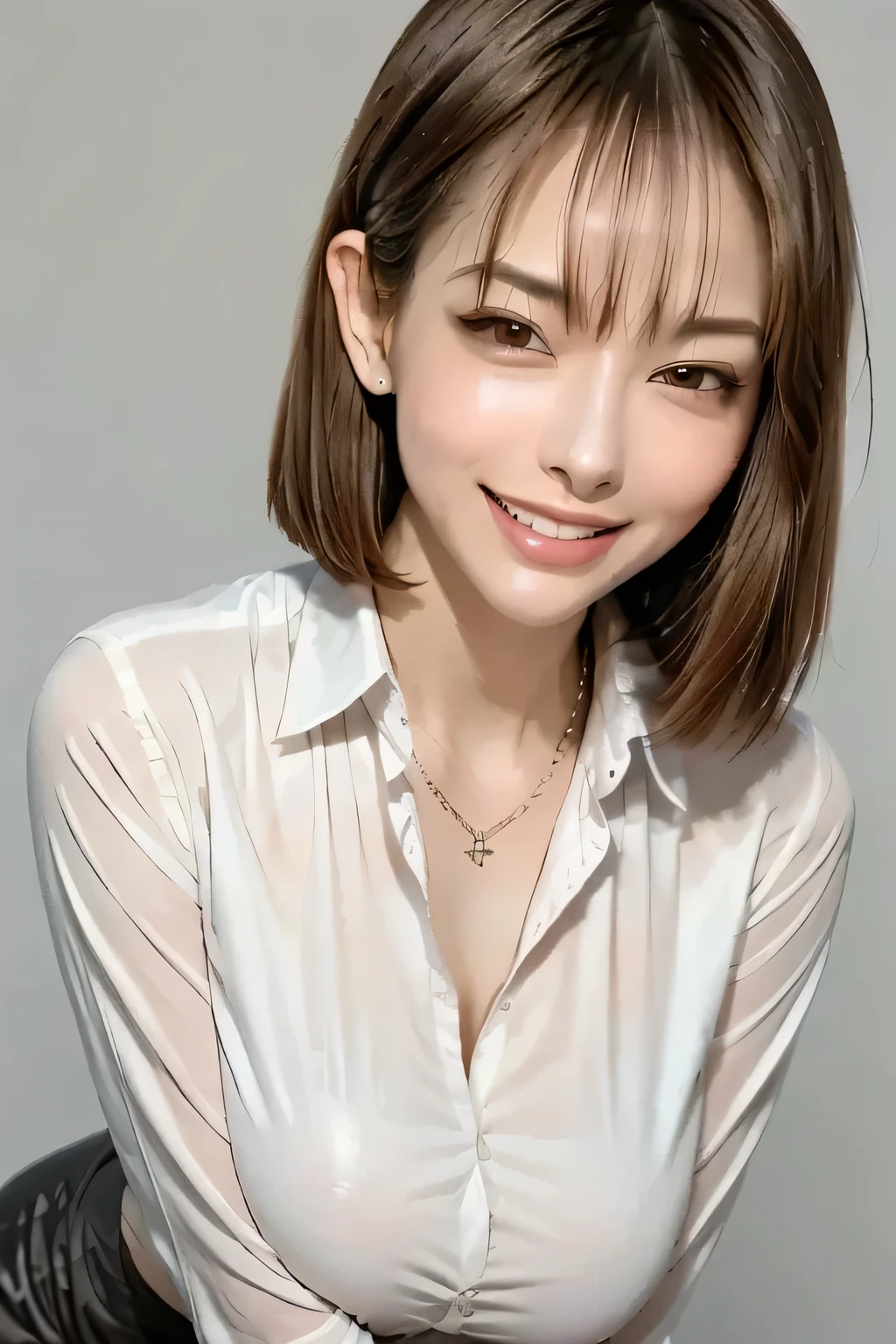 (best quality, masterpiece, formal, perfect lighting), accurate human body, knowledgeable people, (Shining skin, Realistic skin texture, beautiful skin details , growing skin), (1 girl), (Completely:1.2), grin, (well-groomed brunette bob hair), (shiny white collared shirt: 1.2), Shine, necklace, charming and perfect ratio, charming smile, fine surface texture, charming, wear tight mini skirt, Big Breasts, ((background: nothing white ))