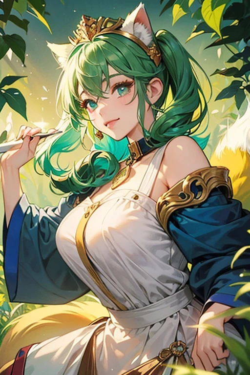 ((Live 2D))  masutepiece, 1girl in, Full body, standing straight, Steampunk clothes, military outfits, Looking at Viewer, Detailed face, Girl with green wavy hair, Bangs, Metal sheep horns, Gradient Hair, multicolored hair, light green hair, Turquoise Hair Tips, Wavy Hair, Gradient Eyes, Orange Eyes, (Simple background, White background: 1.3)