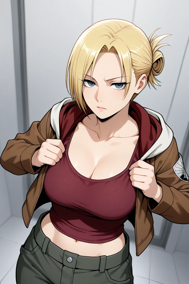 Annie Leonhart, a character from Attack on Titan, is the main focus of the artwork. Her eyes are beautifully detailed, and her lips are also beautifully detailed. Her face and eyes are extremely detailed, with long eyelashes. She is depicted with a strong and confident expression.
The medium used to create this artwork is an illustration, with a realistic and photorealistic style. The artwork is of the best quality, with a resolution of 4k or 8k, ensuring ultra-detailed and sharp focus. The colors are vivid and the lighting is carefully crafted to create a visually appealing scene. The artwork showcases the human body in a tasteful manner, highlighting the beauty and elegance of the female form.
In the background, there is a garden setting, featuring lush greenery and blooming flowers. The composition is balanced and visually pleasing, emphasizing the beauty of nature. The artwork captures Annie Leonhart as a strong and captivating character, with attention to detail and realism.
She has big tits, her tits are masive, her breasts are large. Prominent chest, chest focus, NUDE BREASTS, PRESENTING BREASTS, SEXY TITS