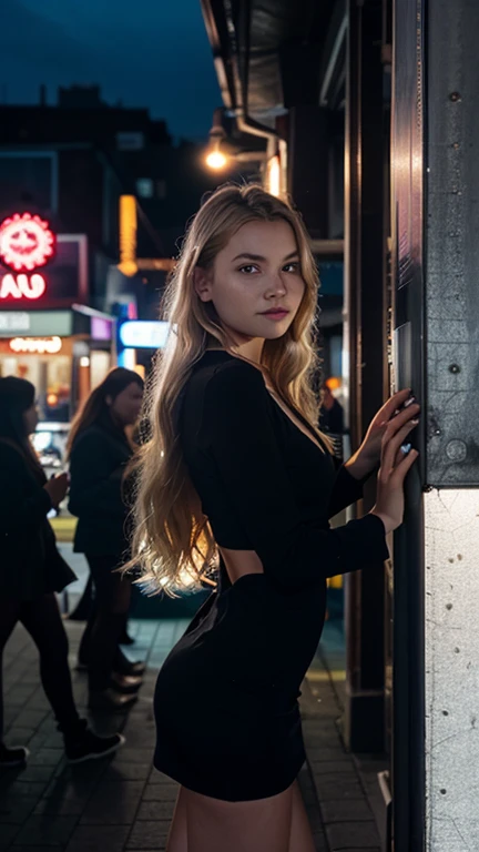 (Selfie, Draufsicht: 1.4), (full body), RAW UHD portrait photo of a 24-year-old blonde (Blue-eyed woman) Eine dunkle Gasse entlanggehen, big boobs,, Stadt bei Nacht, (Rock), (Ausschnitt), Details (Gewebe! , Haar! , Glitzer, Farbe!! , Benachteiligungen: 1.1), shiny eyes with high level of detail (Blick in die Kamera), SLR-Beleuchtung, Spiegelreflexkamera, ultra quality, Sharpness, Depth of field, Filmkorn (Mitte), Fujifilm XT3, kristallklar, Rahmenmitte, Beautiful face, Scharfer Fokus, Streetlight, Neonbeleuchtung, bokeh (schwach beleuchtet), Nacht, (Nachthimmel), Detaillierte Hautporen, Oily skin, Sonnenbrand, Komplexe AugenDetails, full entire body
