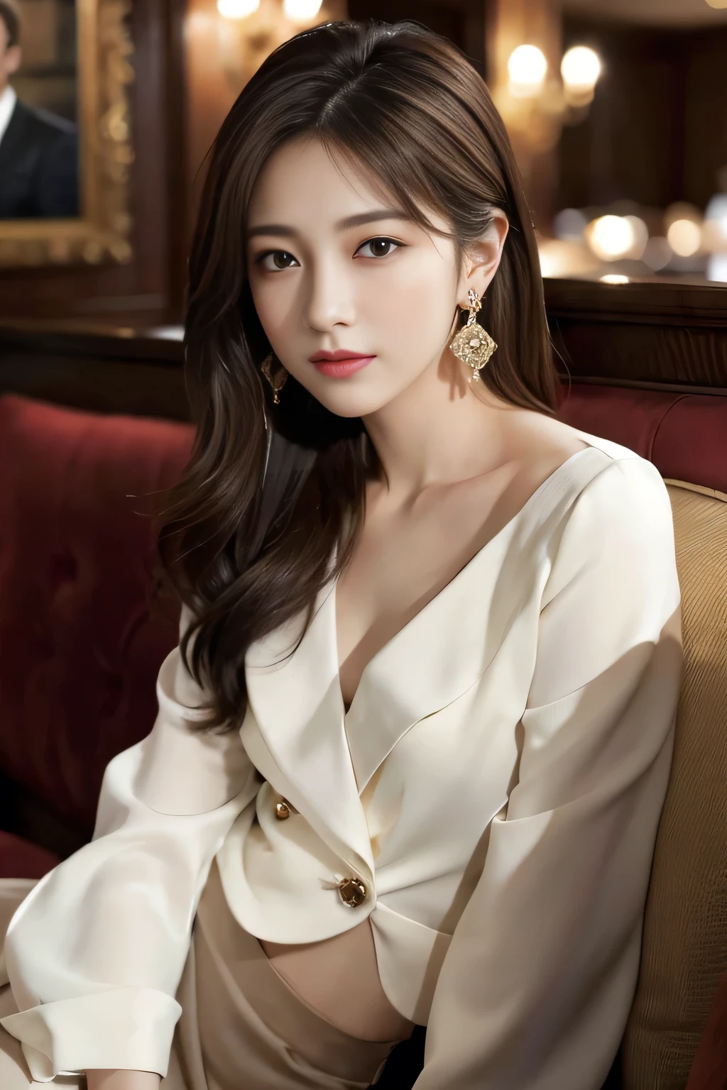 masterpiece, Highest quality, Realistic, Very detailed, Finer details, High resolution, 8k wallpaper, One beautiful woman,Wear a nice suit, In a great restaurant, At night, Light brown messy hair, Perfect dynamic composition, Beautiful and beautiful eyes、Big earrings、Sit on a chair