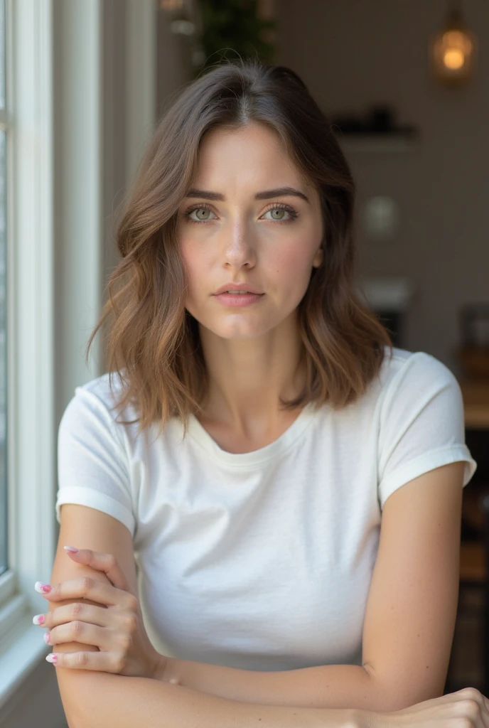 Light layered style with light ends、human、Transparencyのある女性、young、White T-shirt、Reduce hair volume、Fair-skinned pretty woman、Layered style for hair ends、Body is at an angle、looking at the camera、Tilt your head、Hair that does not curl and reaches below the collarbone、Brown color、Outline of an inverted triangle、Big eyes、Smile a little、high resolution、Classy woman、Pull your chin in、A sophisticated and stylish woman、Put your elbows on the table、Transparency、