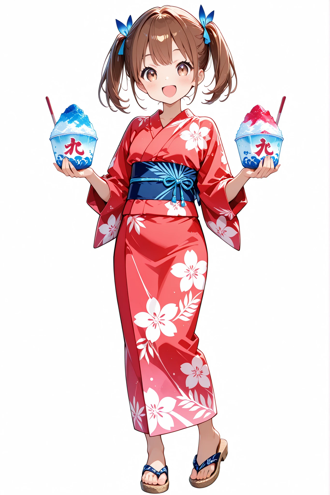 chibi style woman enjoying shaved ice in summer festival, happy face, flat bust, full body in frame, transparent background, twin tails, yukata and sandals