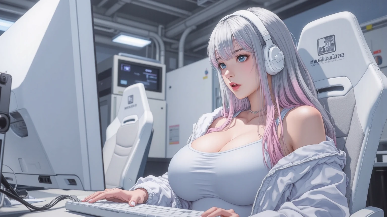 sfw, detailed manga illustration,(masterpiece),(best quality),Amazing,beautiful detailed,extremely detailed wallpaper,extremely detailed CG unity 8k wallpaper,an extremely delicate and beautiful,perfect face, sidelighting, lustrous skin, (shine), lighting, depth of field,outdoor, ((1girliko clothing)),(full body),(((Clear face))),((Clear eyes)),high contrast,contour deepening,cinematiclighting,detailed background, (((solo))), (a beautiful and cute girl), ((headphones)), (guitar),((headphoneonitors), (professional DJ booths)), ((Cyberpunk Room)), Indoor, (Computer, Multi-monitor), Live Video,(Professional Audio Mixer), Windows, ((sitting in a gaming chair)), (beautiful eyes), pink hair,best hands, wearing bra,((skinny waist)), young asian girl, ((big boobs)),