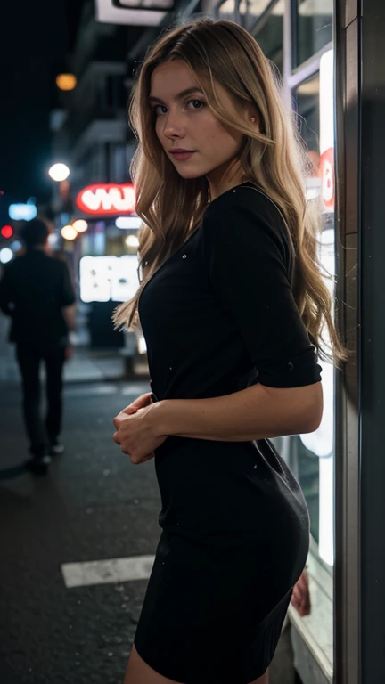 Light-blonde Swedish woman wearing business costume in the evening in the pedestrian zone, ((best qulaity)), ((Meisterwerk)), (Detailliert), Perfektes Gesicht