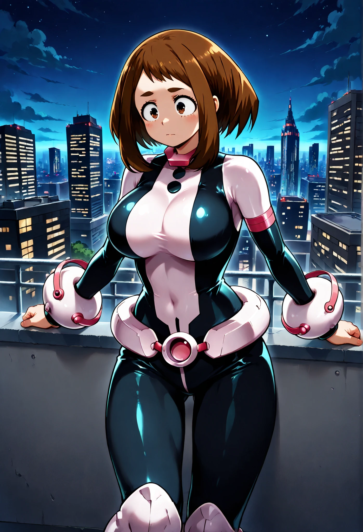 official style, Anime-Screenshot, uraraka ochako, 1 girl, brown hair, brown eyes, Solo, Superheld, Hero bodysuit, pink wrist guards, closed mouth, Big Breasts, (F65), Sexy Stil, Standing on the roof of a skyscraper, Nacht, Regen, The metropolis lit up at night, In the background the city illuminated at night, Leans against the railing of the cloud with bent arms Kratzers, Looks dreamily up at the stars, Standing with her back to the observer on the railing, Absentmindedly sticks out her butt, Hintern,
