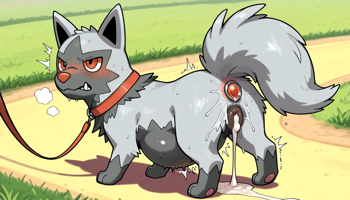 Pokémon、Lucario、Erect penis、Arms restrained behind the back、Kneeling、outside、 ((Trembling、A lot of semen、Intense 、))((((Huge penis))))