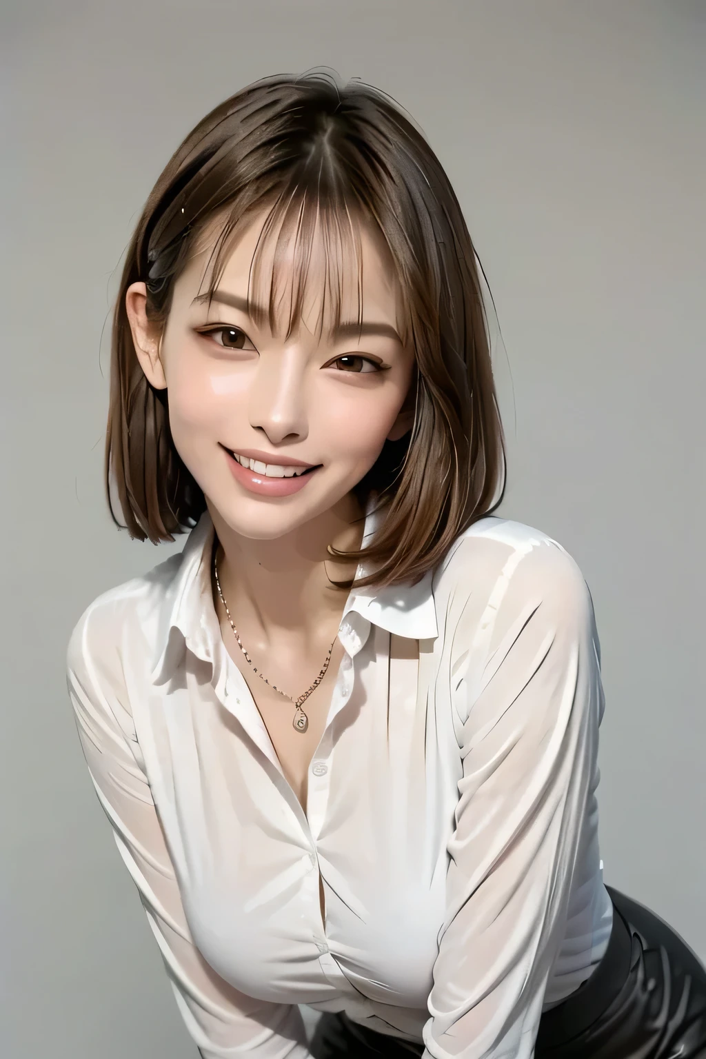 (best quality, masterpiece, formal, perfect lighting), accurate human body, knowledgeable people, (Shining skin, Realistic skin texture, beautiful skin details , growing skin), (1 girl), (Completely:1.2), grin, (well-groomed brunette bob hair), (shiny white collared shirt: 1.2), Shine, necklace, charming and perfect ratio, charming smile, fine surface texture, charming, wear tight mini skirt, Big Breasts, ((background: park))
