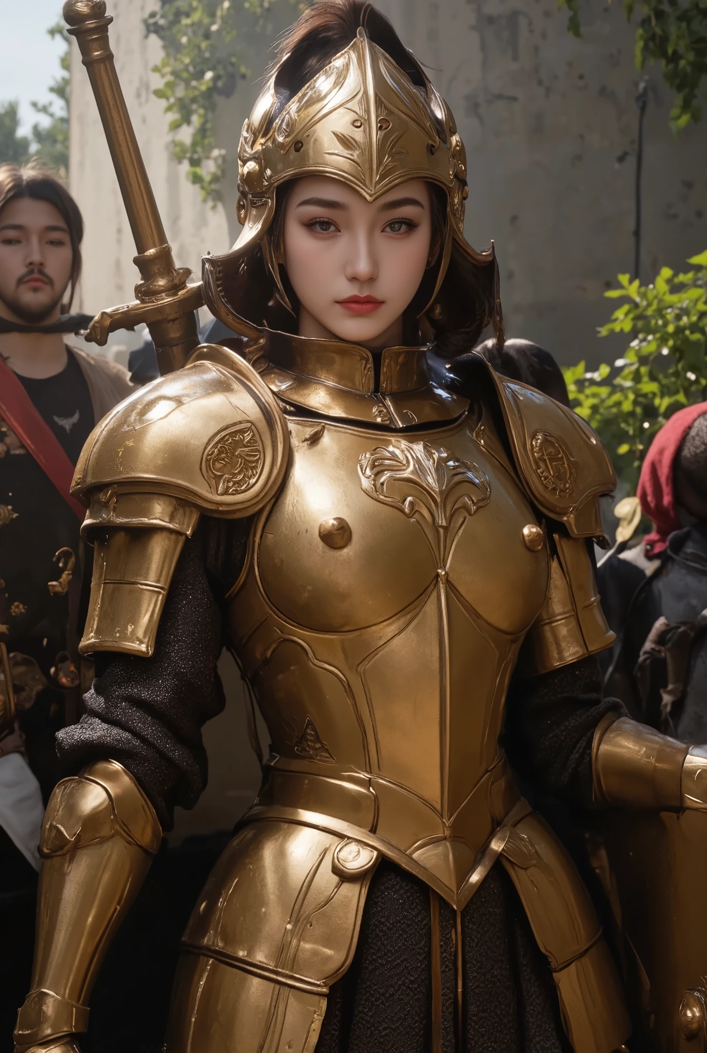 Women like Joan of Arc、Knights, golden armour,Gold Armor,With a sword and shield,Royal style,Comic style, , Sub-surface scattering, ornate detail, nature backdrop, Hyper-realistic, Cinematic, Dramatic Lighting, masutepiece、Armor and helmet with wolf motif、full face helmet、Full Plate Mail、My whole body is covered in armor、