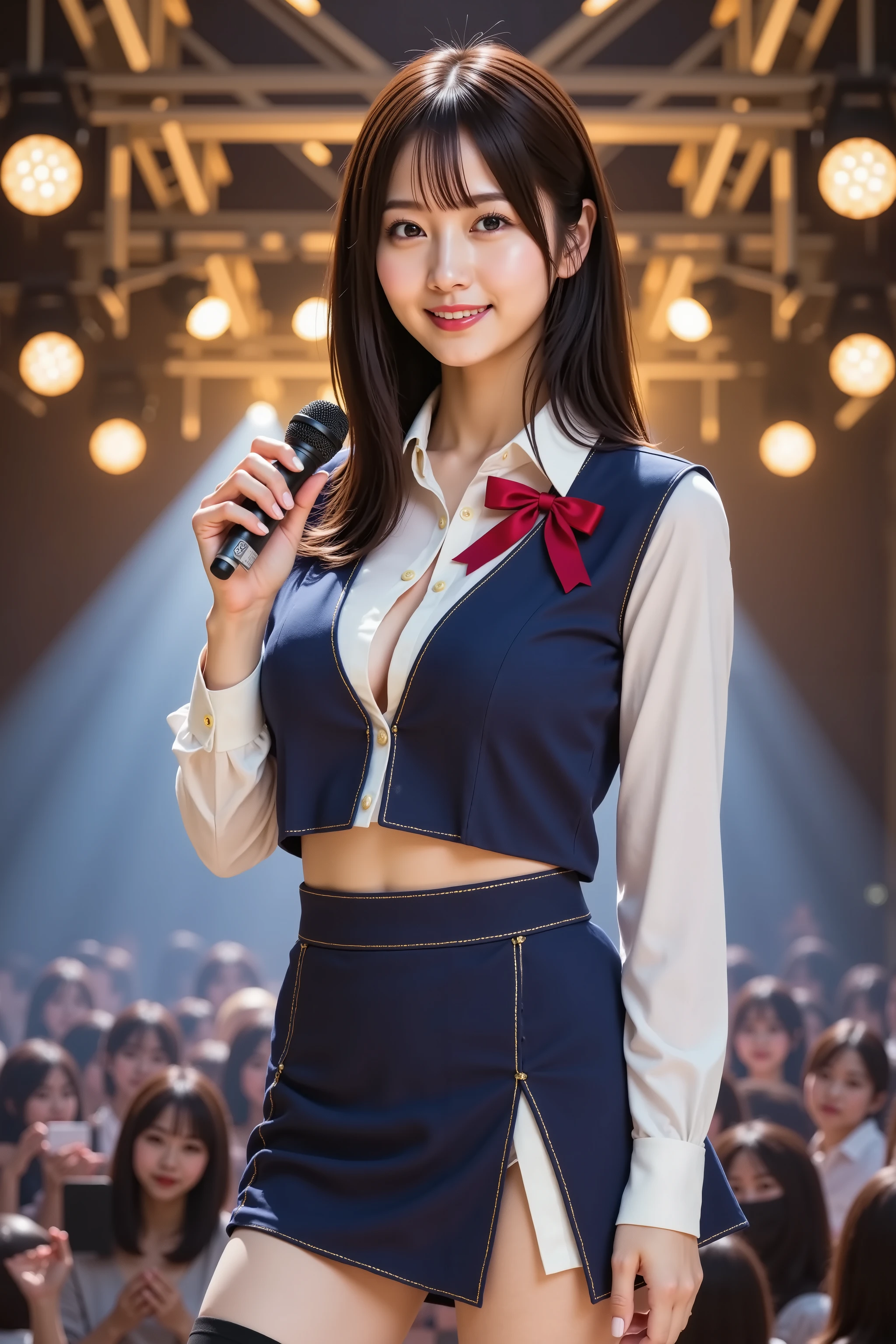 firm and big breasts, cleavage, medium-framed portrait shot from head to mid-thigh of a realistic adult woman with her entire head and shoulders fully in frame, standing on a concert stage beneath a grid of steel trusses equipped with moving head fixtures and LED PAR cans casting intersecting beams of warm amber and cool white light through a haze of theatrical fog, background softly blurred into ribbons of stage lights and the dark silhouettes of an audience holding glowing devices, she wears a tailored sleeveless fitted blue vest with black trim and gold piping over a crisp white sleeveless crop button-up shirt with a neat row of glossy buttons, the vest cut away at the sides to accentuate her waist and frame her upper chest, paired with a high-waisted navy blue knife-pleated mini skirt featuring a white asymmetrical panel draping elegantly at one hip and ending above mid-thigh to reveal toned legs clad only in a pair of sheer black thigh-high bands held by garter straps, the snug crop shirt compresses her chest into pronounced firm full breasts, creating a dramatic wide deep cleavage boldly emphasized by a slight forward lean and the vest opening, she smiles broadly with natural dimples and bright engaging eyes, hair styled in loose wavy layers with a simple red ribbon bow clipped at one side, natural skin tones with fine microtexture and a subtle sheen on her collarbone and décolletage, she holds a professional wireless microphone with a black grille and metallic logo in her right hand at chin level while her left hand rests lightly on her hip, slender fingers with neutral nail polish, camera at eye level using an 85mm lens at f/2.0 aperture for shallow depth of field that melts the stage rigging and audience into creamy bokeh, key light from overhead fixtures highlights her shoulders and cleavage while fill lighting softens shadows under her chin and arms, subtle rim lights outline her silhouette against the dark background, composition centered with her confid