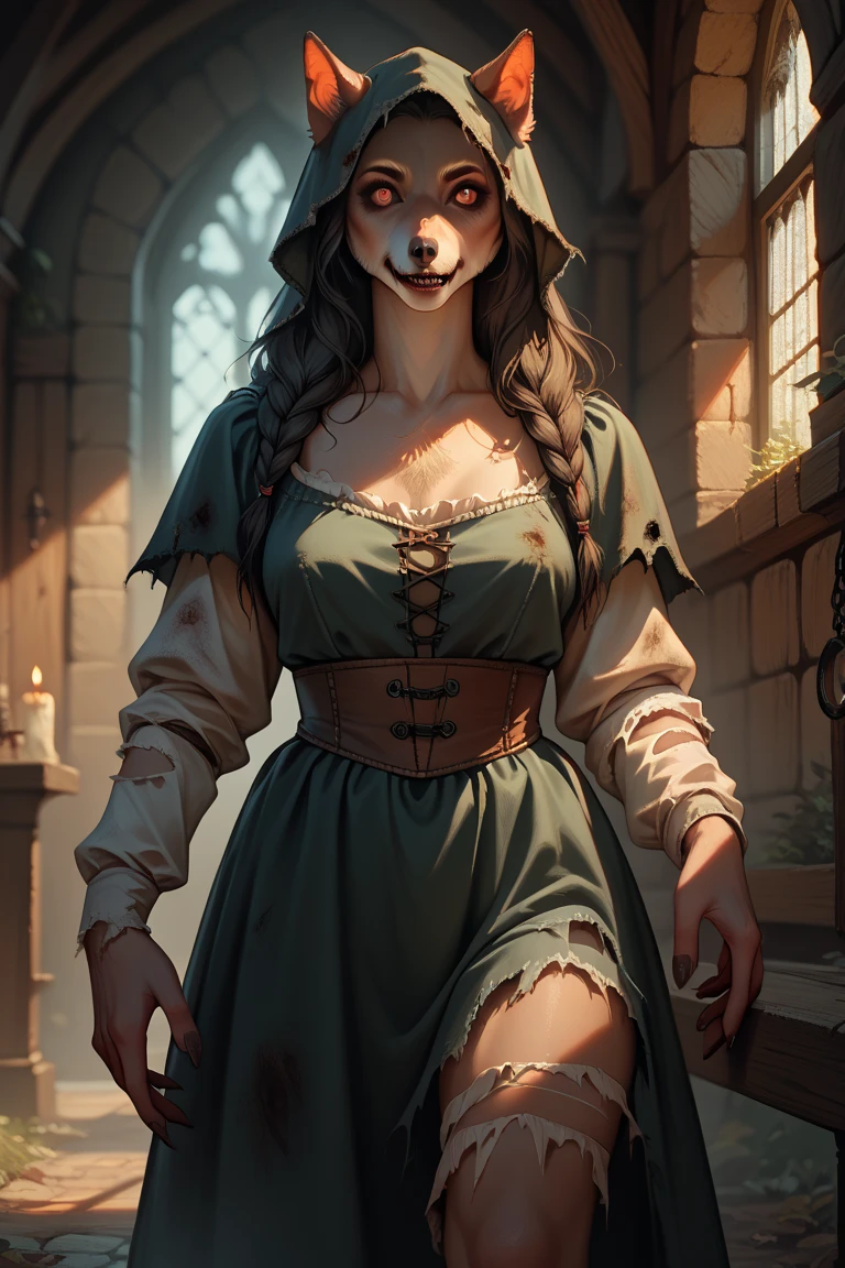 (female anthropomorphic wolf), hairy, medieval horror setting, torn clothes