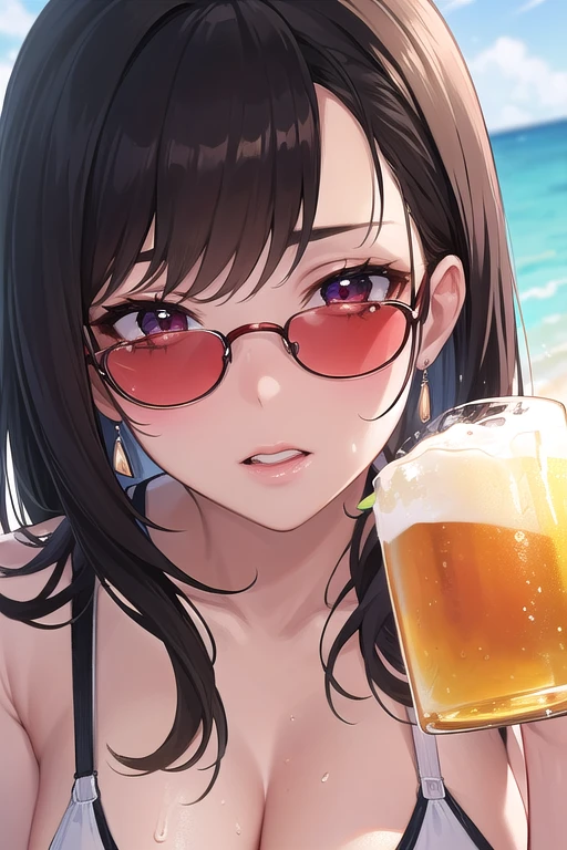 (1 12-year-old girl、独奏、A dark-haired、short-hair、Light red eyes、Black glasses、A smile、small tits、Cute face)、Sleeveless dress、​masterpiece、top-quality、outside of house、Sea of Japan、a straw fedora hat、full-shot