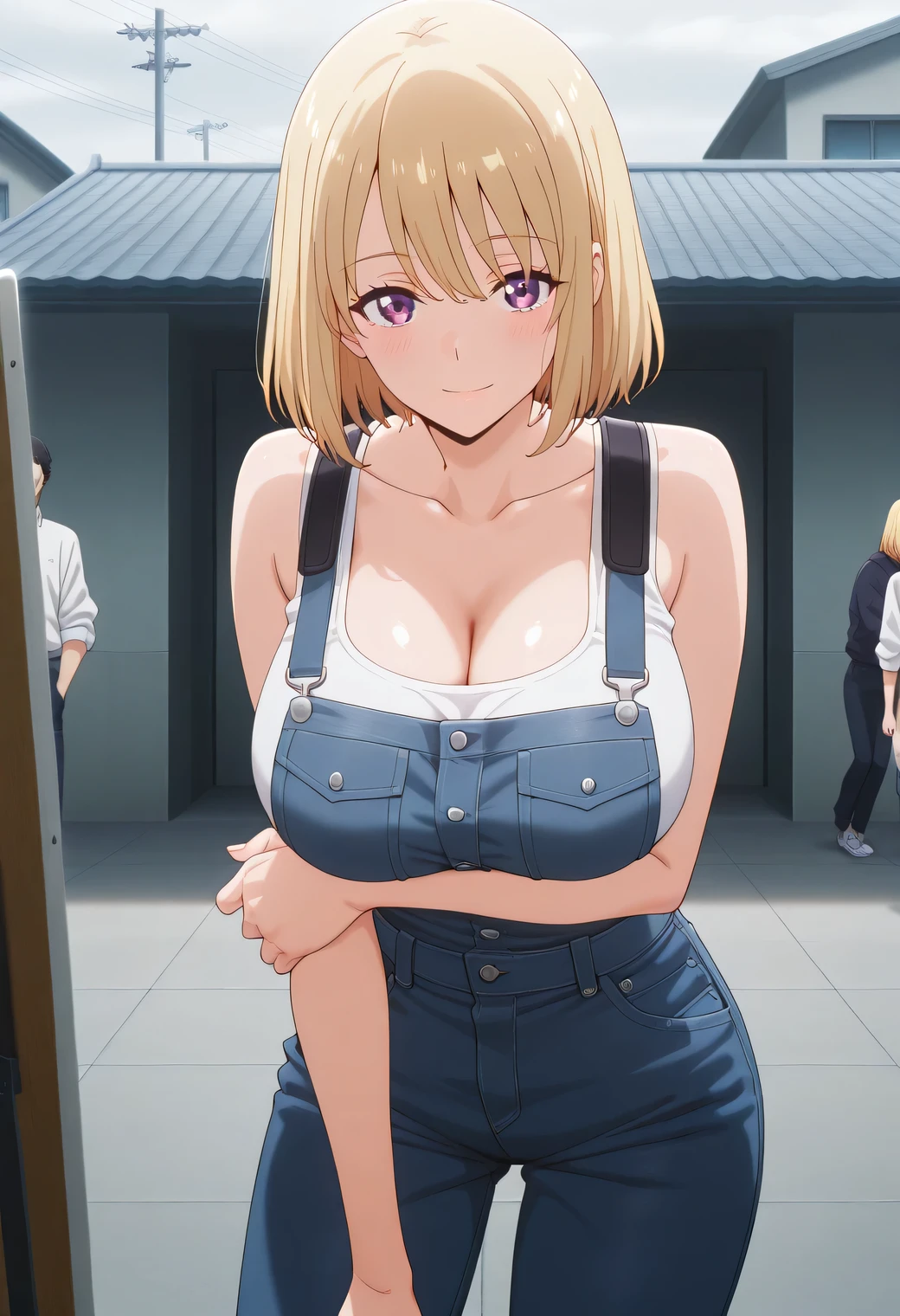 masterpiece, best quality, amazing quality,
1girl, solo, looking at viewer, blush , light smile,short hair, blonde hair, purple eyes,
in a broad denim X-harness — two thick straps crossing just below the collarbones and under the bust, leaving the cleavage and sides completely open — paired with a double-buckled canvas thong. She’s standing on a rooftop surrounded by rusted satellite dishes under grey skies,
shizuku kousaka (na honjaman level up), Anime screencap,solo focus , large breasts, looking at viewer,, POSING, DYNAMIC POSE, LARGE BREASTS, SOLO, ALONE