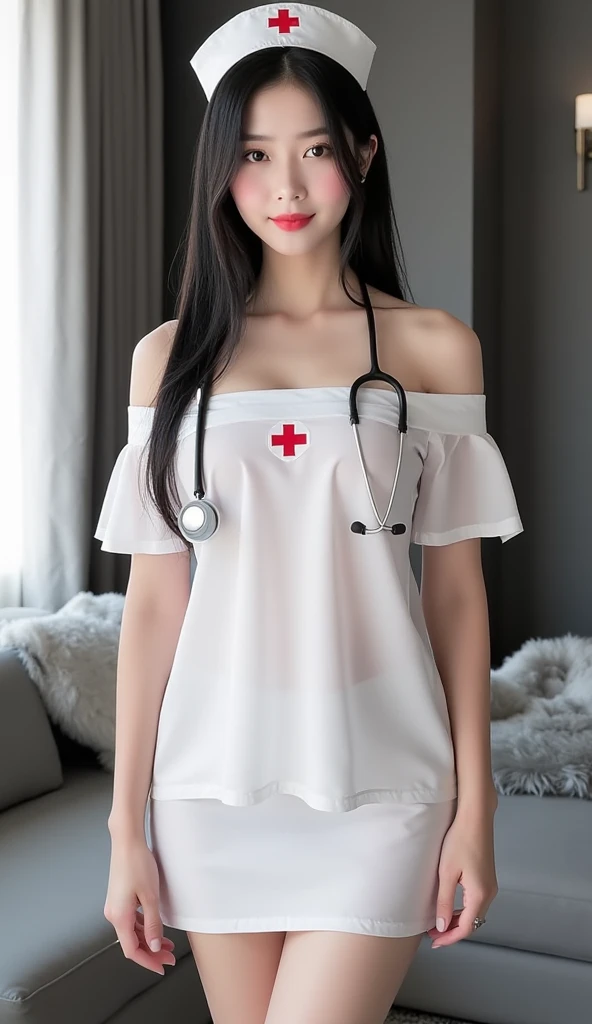 PW_nurse, ((Cowboy shooting)), ((Bare shoulders)), ((Short skirt, Sexy long legs)), ((Elegant and captivating, Random View)), Practical detailed photo of a giant breasted girl with exposed shoulders, Detailed fingers, High quality skin, Red Eyes, Alone in a winter scene with clouds, Wind, and flowing hair, (best quality,4k,8K,High resolution,masterpiece:1.2),Extremely detailed,(Practical,photoPractical,photo-Practical:1.37),Studio Lighting,Bright colors