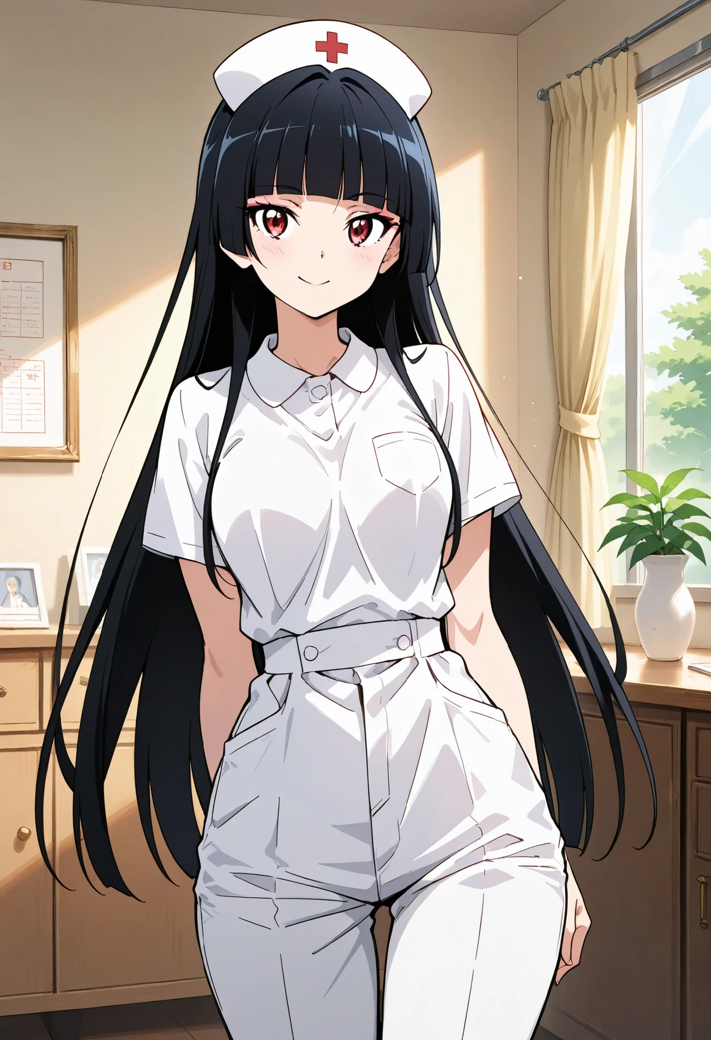 Highest Quality, details, high resolution, 8k, 超high resolution, shot from the front、(anime illustration style:1.2),Standing、1 girl on break day, solo、Rory Mercury、(perfect eye side by side),long hair, black hair, red eyes, bungs, blunt bungs, princess cut,makeup、 Slim waist, wide hips, nurse (白色 nurse服:1.2), pants、(white gothic ta clothes)、smile, cowboy short、interior、