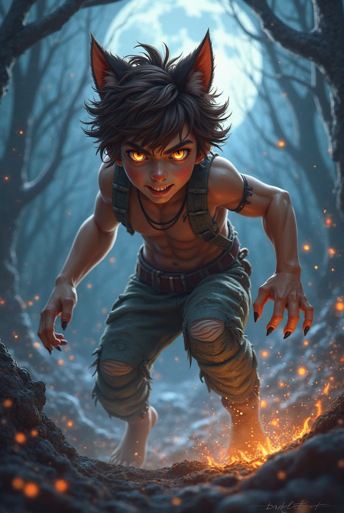 Dark-skinned boy with a red katana A scar on his chest Brown hair Deep red eyes with an evil smile