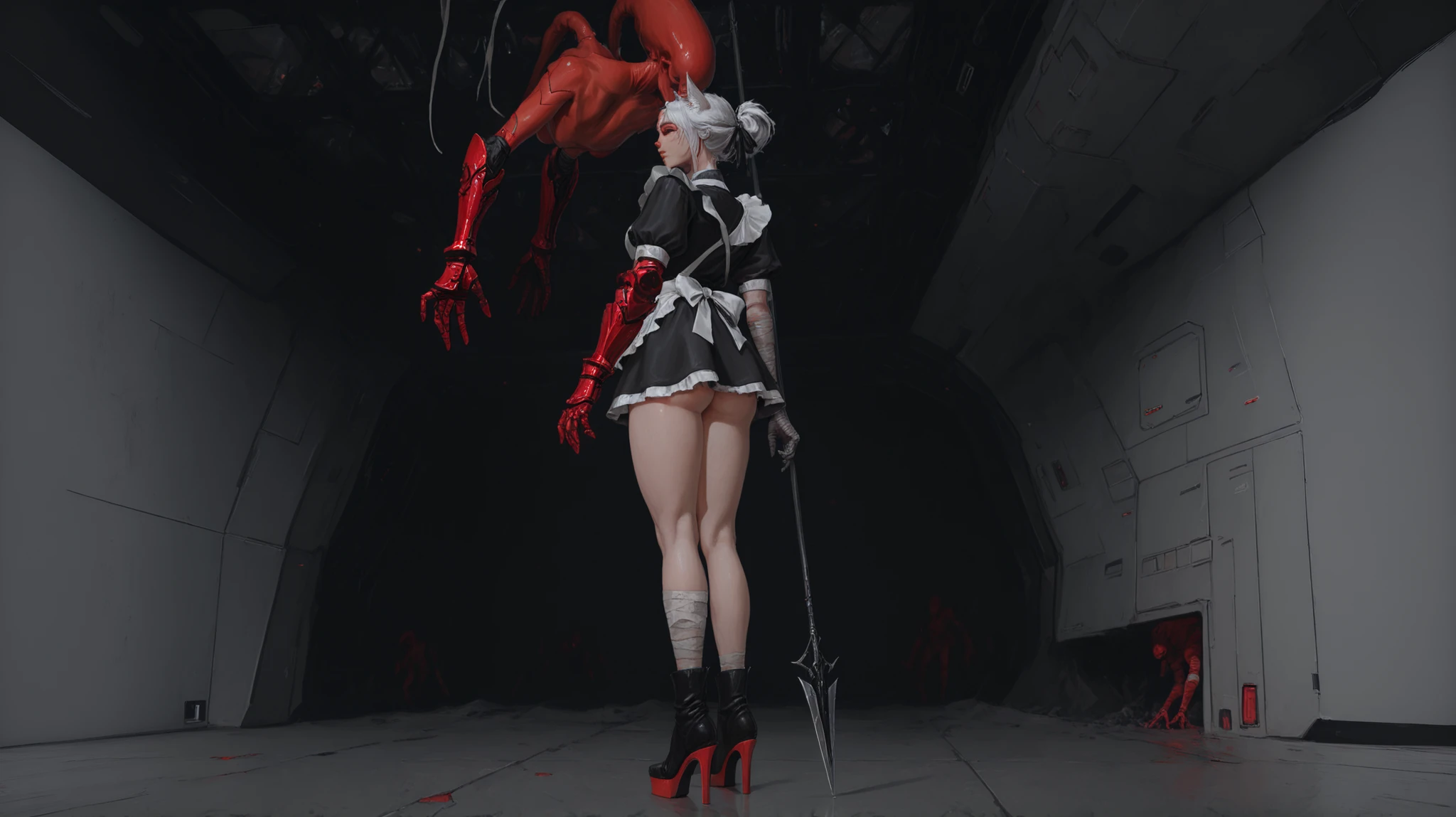 A beautiful girl with cat ears, short white hair, with a long side fringe, ojos rojos, sharp eye, beautiful skin, extremely nice body, ,((pretty face)), alone, Alone,A maid's uniform, short skirts, (maid) , (A big red gauntlet on the right arm), (left arm without gauntlet hands bandaged) ( a spear in his hand ), (black boots with heels), beautiful thighs, (She is standing on her back), (profile), (his back is visible) , (background inside a spacecraft all metallic dark and gray colors, floor with transparent red platform, red alien infestation, red snacks hanging from the ceiling and soil)