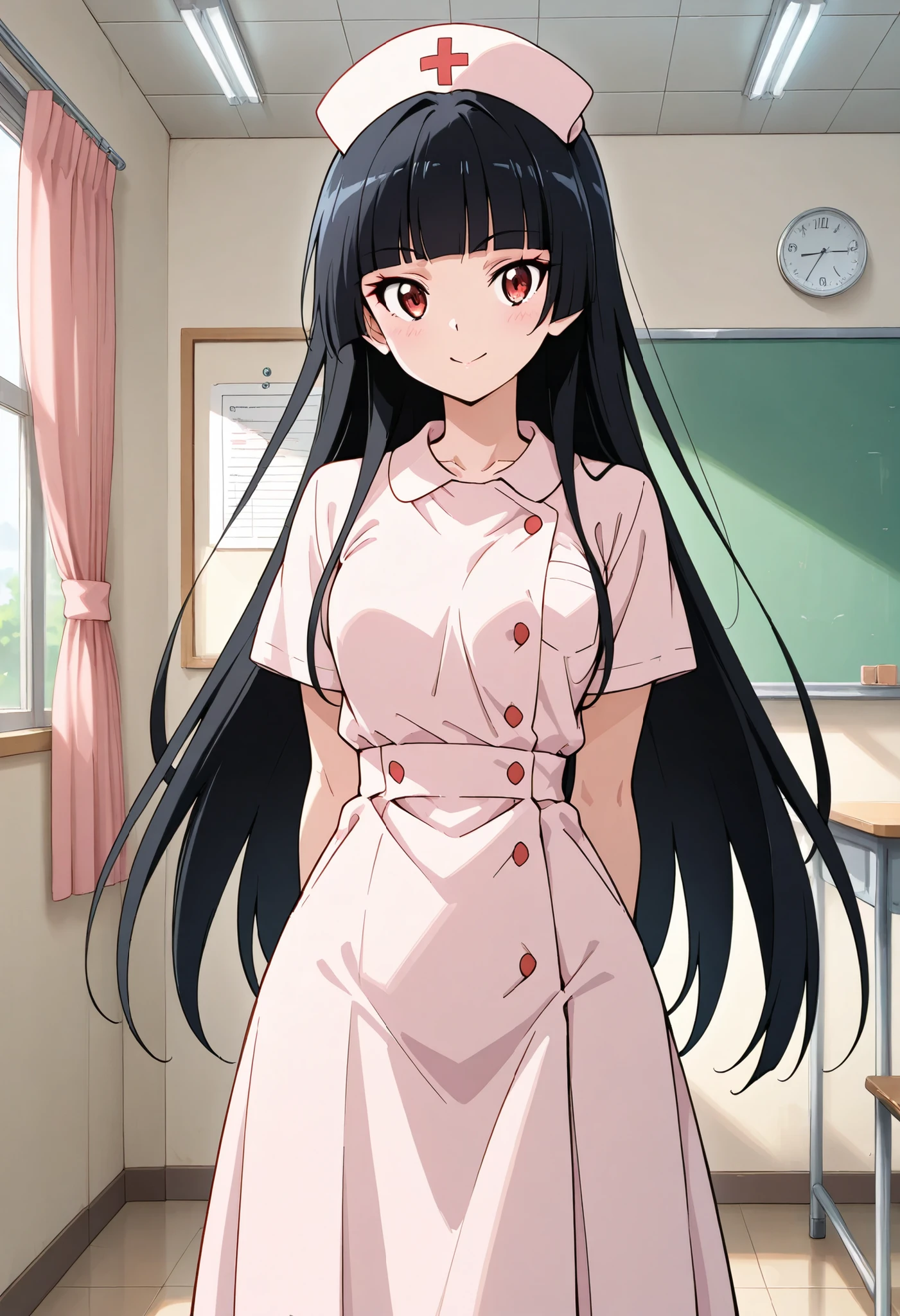 Highest Quality, details, high resolution, 8k, 超high resolution, shot from the front、(anime illustration style:1.2),Standing、1 girl on break day, solo、Rory Mercury、(perfect eye side by side),long hair, black hair, red eyes, bungs, blunt bungs, princess cut,makeup、 Slim waist, wide hips, nurse (白色 nurse服:1.2), (long skirt)、smile, cowboy short、interior、