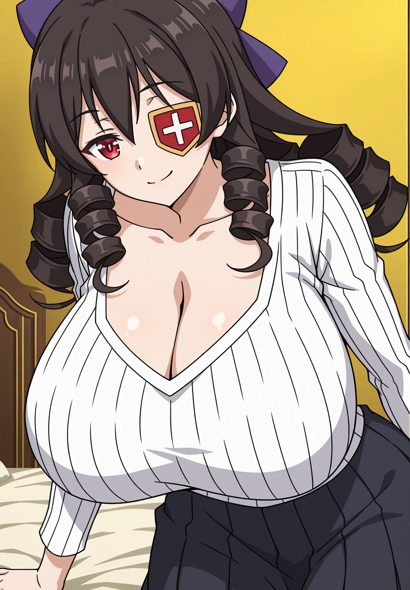 (best quality), (masterpiece), 1 girl, early 20's, huge heavy breasts, busty, massive breasts, thick, thick lips, wide hips, thin waist, white military uniform, white hat, white gloves, meaning, evil grin, detailed face, parted lips