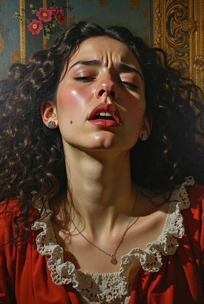 A raped topless girl with flat chest , lying on the sofa, looks very enjoyable, Caravaggio style, looks depressing, high quality, ultra-detailed, crazy details, 4K