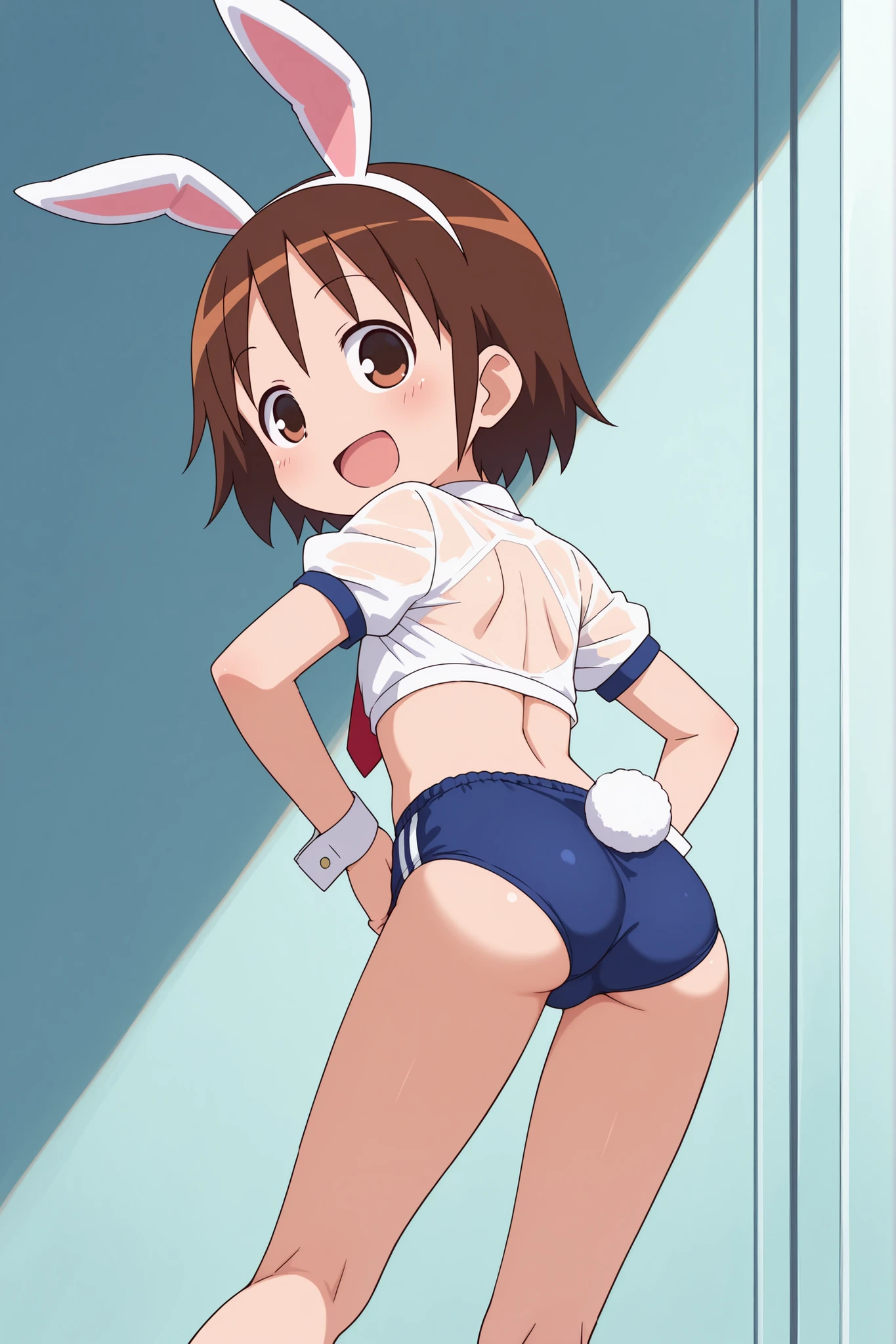 ((nsfw)),score_9, score_8_up, score_7_up, source_anime,yasuna oribe,1girl, ((solo)),(two lines light blue buruma),See-through business shirt,red tie,rabbit ears headband,Bunny's Tail, hands on hips, (open mouth smile),(((crop top))),((((back shot)))),(((contrapposto))),little ass,low angle,(Cufflinks),open legs,knee,
((leaning forward)),turn around,looking at viewers