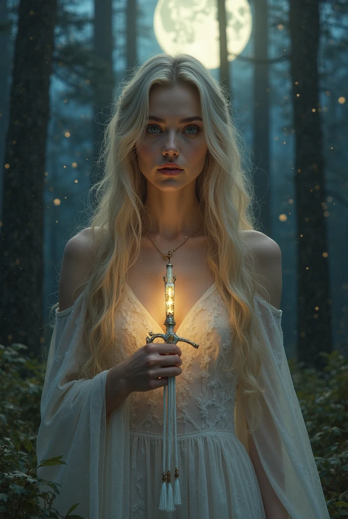 Sword tip coming out of the mouth, White hair, fire Eyes, golden skin, white dress man