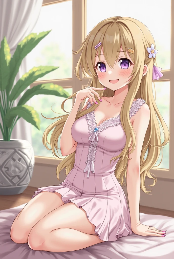 kawaii, A sexy, Best Quality,Beautiful, Anime style, Dynamic Angle, Upper body, full body focus, Western-style room, sofa, morning, Cute little girl s, 1girl in, Solo, Beautiful light brown hair, beautiful purple beautiful eyes, Long hair, Transparent hair, translucent hair, large full breasts, a necklace, Laugh, Lens Flare, shiny-glistening、Sexy white dress