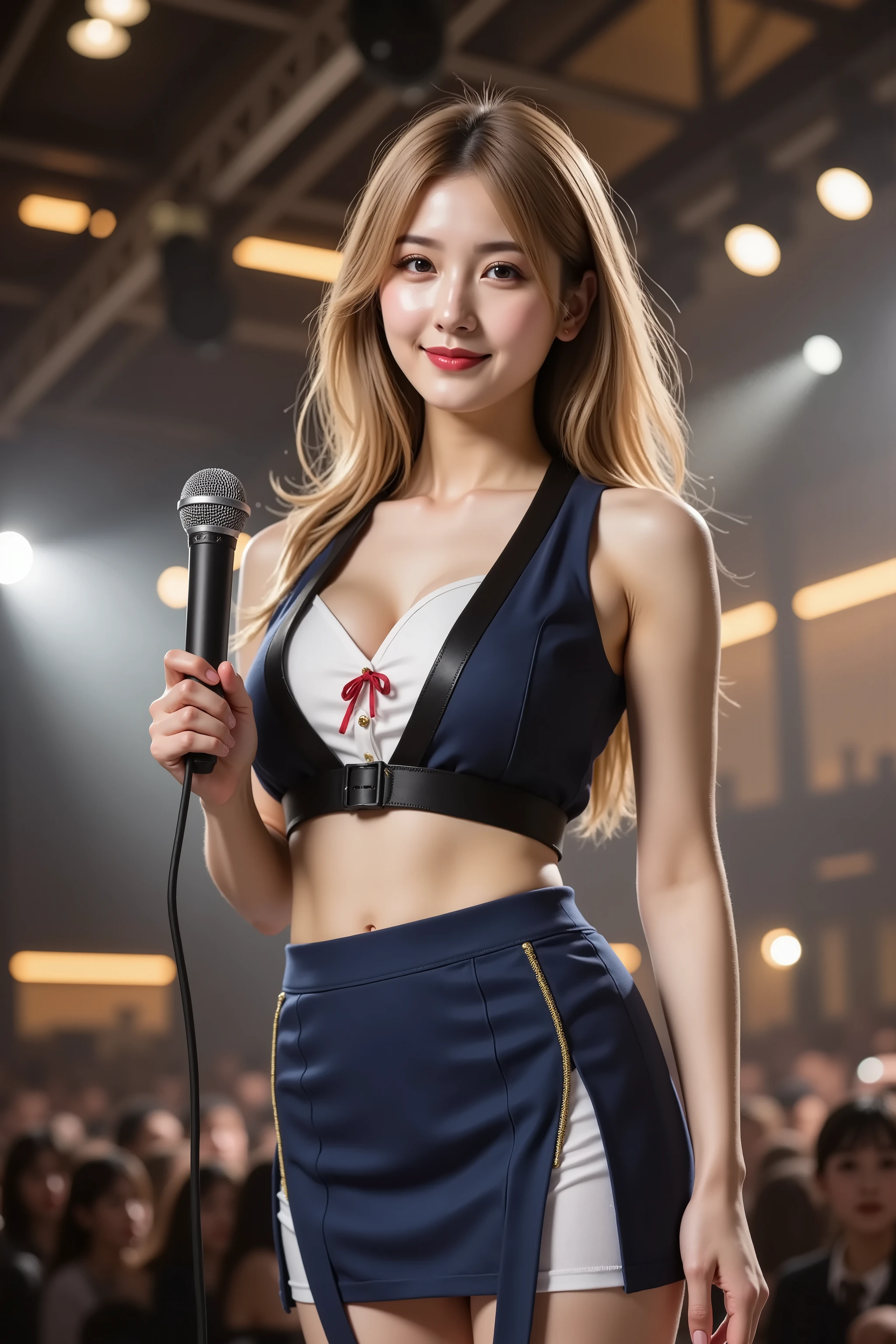 firm and big breasts, cleavage, gold hair, medium-framed portrait shot from head to mid-thigh of a realistic adult woman with her entire head and shoulders fully in frame, standing on a concert stage beneath a grid of steel trusses equipped with moving head fixtures and LED PAR cans casting intersecting beams of warm amber and cool white light through a haze of theatrical fog, background softly blurred into ribbons of stage lights and the dark silhouettes of an audience holding glowing devices, she wears a tailored sleeveless fitted blue vest with black trim and gold piping over a crisp white sleeveless crop button-up shirt with a neat row of glossy buttons, the vest cut away at the sides to accentuate her waist and frame her upper chest, paired with a high-waisted navy blue knife-pleated mini skirt featuring a white asymmetrical panel draping elegantly at one hip and ending above mid-thigh to reveal toned legs clad only in a pair of sheer black thigh-high bands held by garter straps, the snug crop shirt compresses her chest into pronounced firm full breasts, creating a dramatic wide deep cleavage boldly emphasized by a slight forward lean and the vest opening, she smiles broadly with natural dimples and bright engaging eyes, hair styled in loose wavy layers with a simple red ribbon bow clipped at one side, natural skin tones with fine microtexture and a subtle sheen on her collarbone and décolletage, she holds a professional wireless microphone with a black grille and metallic logo in her right hand at chin level while her left hand rests lightly on her hip, slender fingers with neutral nail polish, camera at eye level using an 85mm lens at f/2.0 aperture for shallow depth of field that melts the stage rigging and audience into creamy bokeh, key light from overhead fixtures highlights her shoulders and cleavage while fill lighting softens shadows under her chin and arms, subtle rim lights outline her silhouette against the dark background, composition centered with