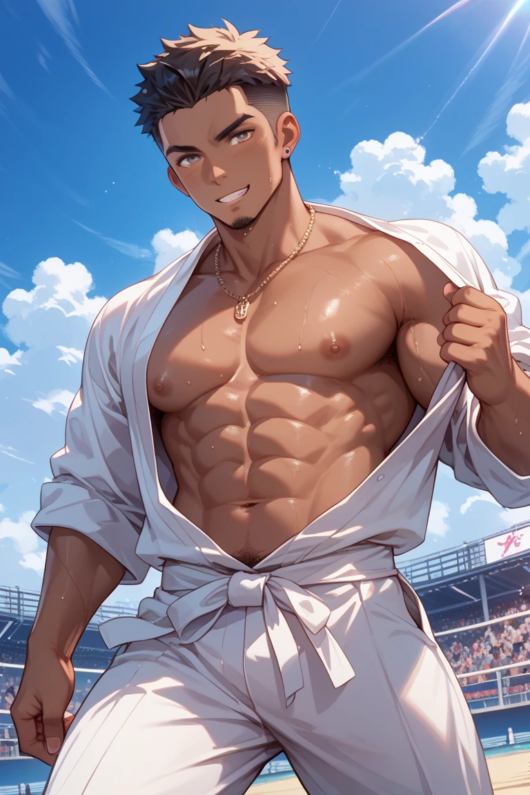 shirtless, super muscular, sweat-drenched body, 22-year old short black hair handsome caucasian male wearing sweat-drenched white soccer shorts and shoes, panting, hands on the head showing underarms, in the soccer field