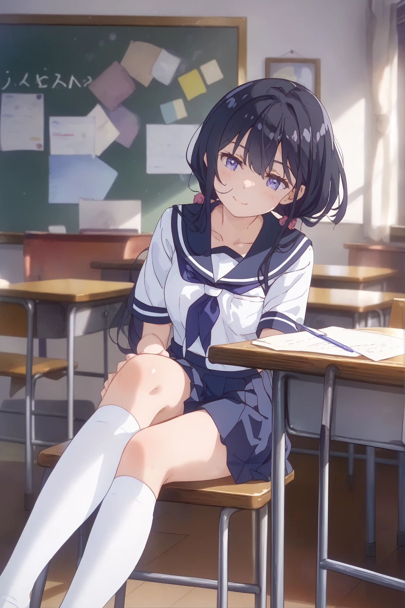 1 girl、high school girl、White High Socks、ribbed high socks、Pure white socks、sailor suit、pleated skirt、uniform、masterpiece、Highest Quality、beautiful skin、Delicate Expression、Calm Look、natural posture、fine texture、sunlight、Soft Light、Warm Colors、Portrait、4K Rendering、school classroom、