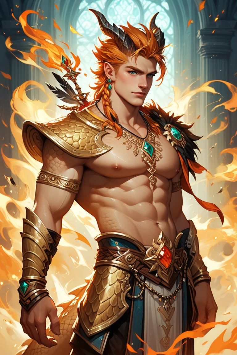 (hyper-realistic digital illustration), (perfect face:1.1), (high detail:1.1) like mage battle, extremely handsome male wearing micro orange thong string, mage long red robes, clean shaved, front view, lying on his back, holding legs raised, athletic body, (white skin), bare chest, flat chest,(long orange hair scruffy ), serene expression, small waist, muscular. best quality, high-resolution