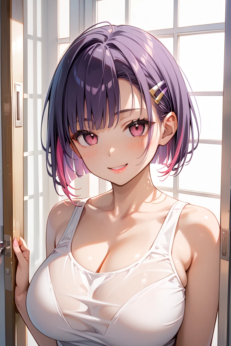 Face and chest、cleavage of the breast、Girl rubbing her chest、((​masterpiece、top-quality、ultra-definition、hight resolution))、Take a photo from the front、shower a large amount of semen on the breasts、1 girl in、Reddish-purple hair、There&#39;s white liquid on my nipples、Pink eyes、short-cut、angry looking face、glares、A look of contempt、Bukkake、Sportsbra
