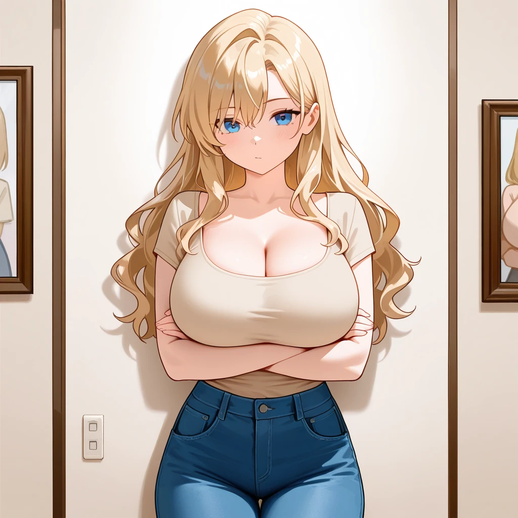 (Best Quality)), ((masterpiece)), (detailed), 1 girl, with tight blue jeans, red strappy blouse, neckline, big breasts, blonde, wavy fur, Brown eyes,((Whole body)),((Front view)),((in love))