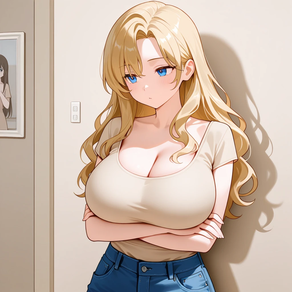 (high quality,Very detailed:1.37, High resolution), Woman, Serval Landau, jeans, large breasts, wetting herself, (standing:1.5), embarrassed, humiliation, (sweating:1.5), (blushing:1.5), Meticulous details, (extremely detailed eyes:1.37)