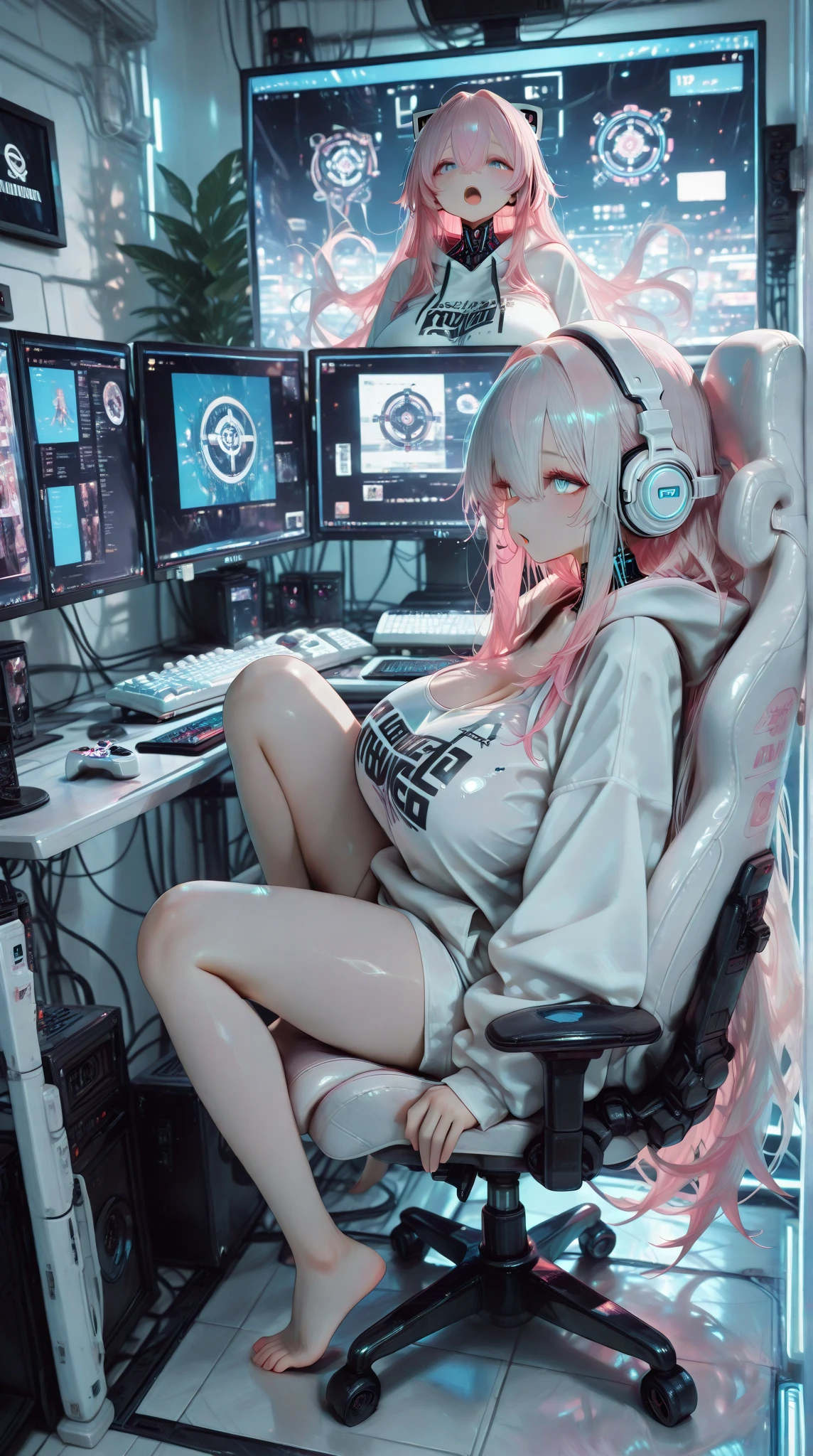 masterpiece, best quality, CG, wallpaper, HDR, high quality, high-definition, extremely detailed, mind control device, 1girl, headset, pain, clenched teeth, headphones, sitting,