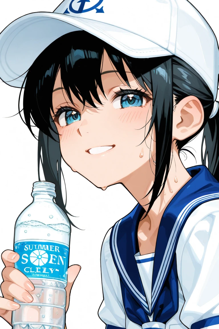 High Quality、masterpiece、anime style、1girl、close-up face、White baseball cap、sailor suit、ponytail、 Smile、holding a clear plastic bottle、Drink water、Drink advertisement on the left、 Delicate Background 、Summer Sunshine、 Shadow 、sweat、Sun