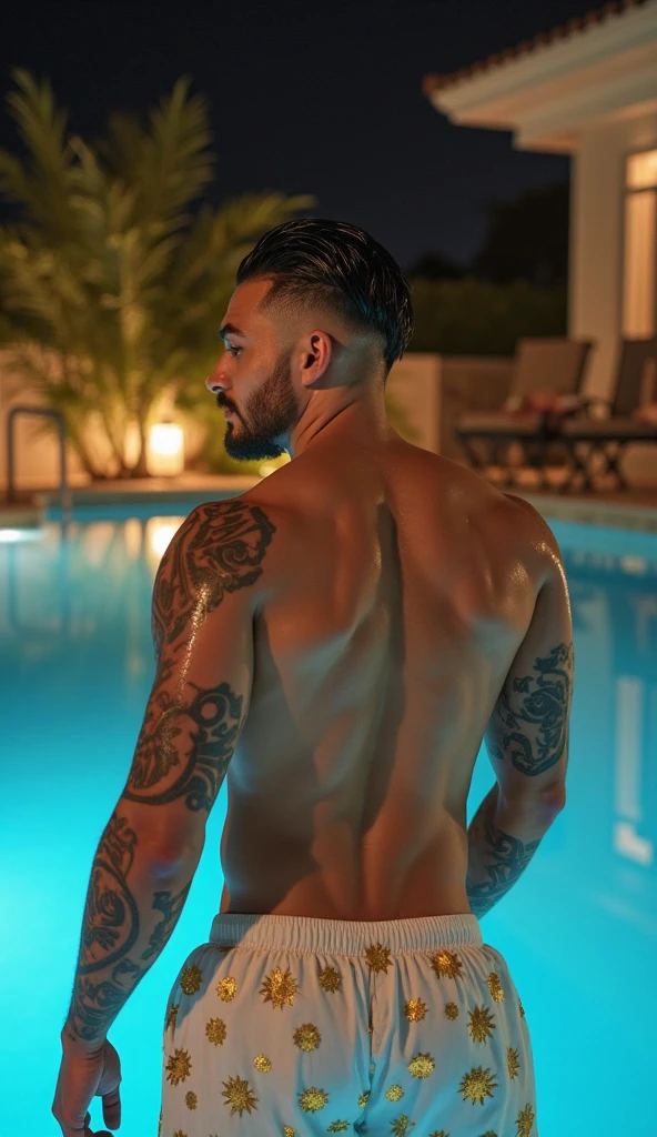 (1boy, photorealistic:1.4, ultra realistic, masterpiece:1.2, best quality, 4k, 8k), young and handsome white male model nude in a swimming pool, skinny dipping, waist deep in water, backside facing, perfect butt, bussy, looking back over shoulder, Twink, slim body build, ginger red hair, sunglasses, summer vibes, intimate moments, candidly captured, delicate skin, detailed face, ultra realistic skin, shot on Nikon d850 50mm, dlsr, RAW, natural lighting, mid summer day