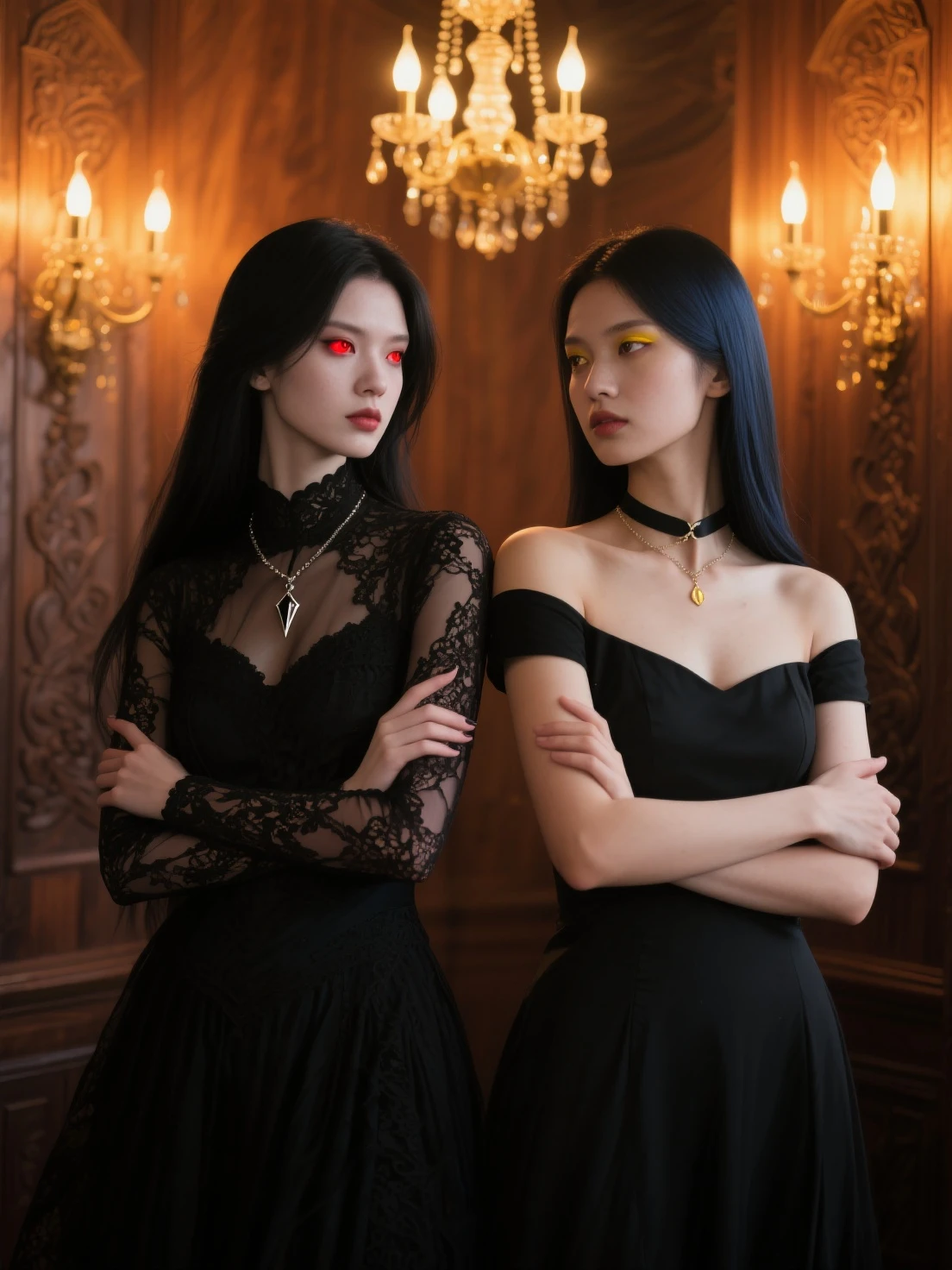 arafed woman in a black dress with short messy wavy red hair and a necklace, promotional still, anya taylor - joy vampire queen, artstyle tom bagshaw, beautiful female vampire, carmilla vampire, portrait of a young witch, vampire fashion, samara weaving vampire, tom bagshaw weta studio, with red hair, photo still, witchy clothing, beautiful female witch in fog filled graveyard