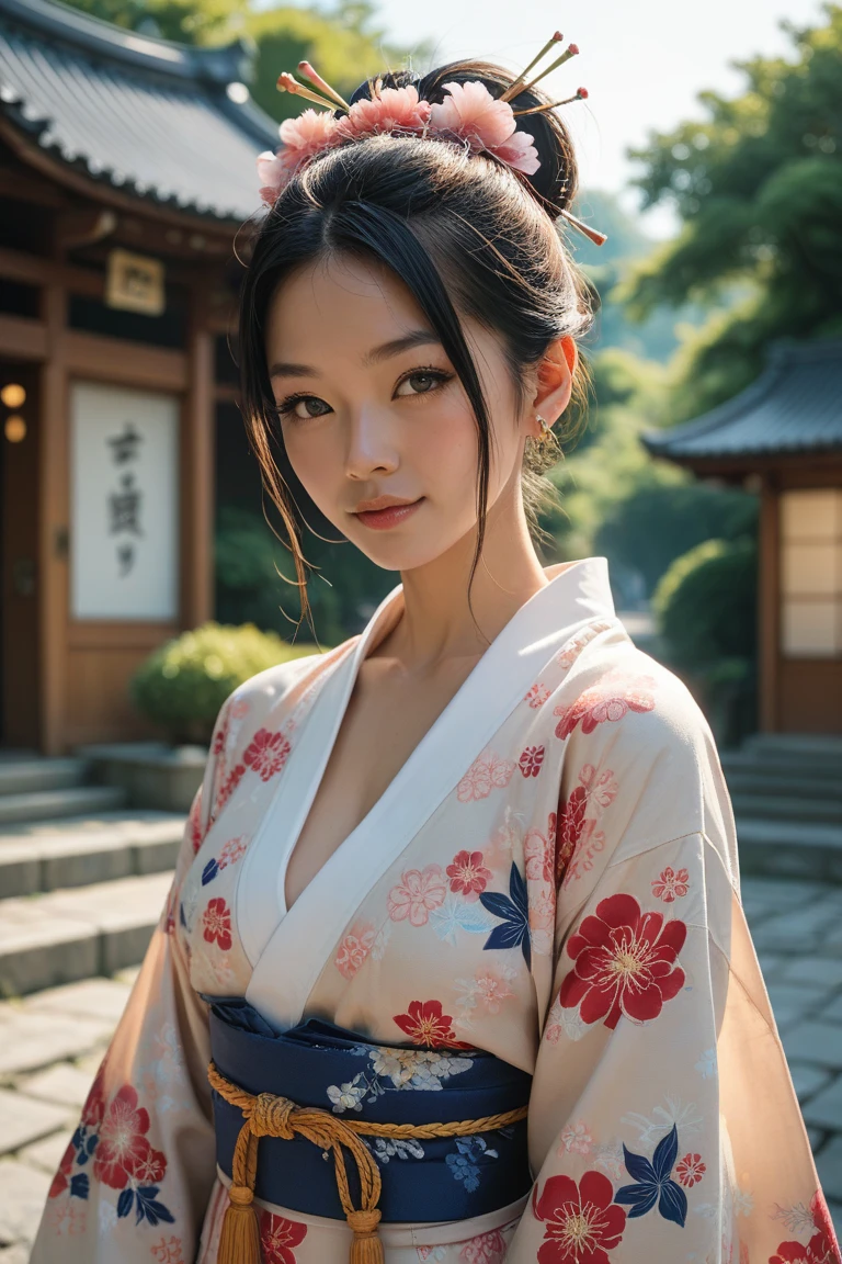 Photographed by a professional photographer、charming face of hostess、Japanese Kimono、high quality、Surreal、healthy、Smiling expression、Slim and perfect figure、Japanese Beauty、 Perfect Eyes、Beautiful Skin、Upper body、Shrines and temples, masterpiece, accurate, textured skin, high details, best quality, 8k