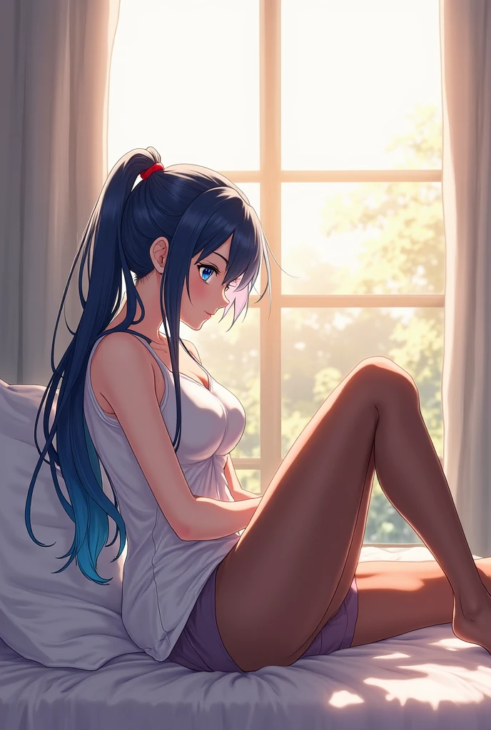 Masterpiece, high Quality, girl with colorful hair with colorful highlights, she has her hair tied up and no bra, she is wearing big, loose clothes leaving her skin exposed in a sexy way, she is at home and it is dark because it is night, she is lying down and distracted looking at things something,