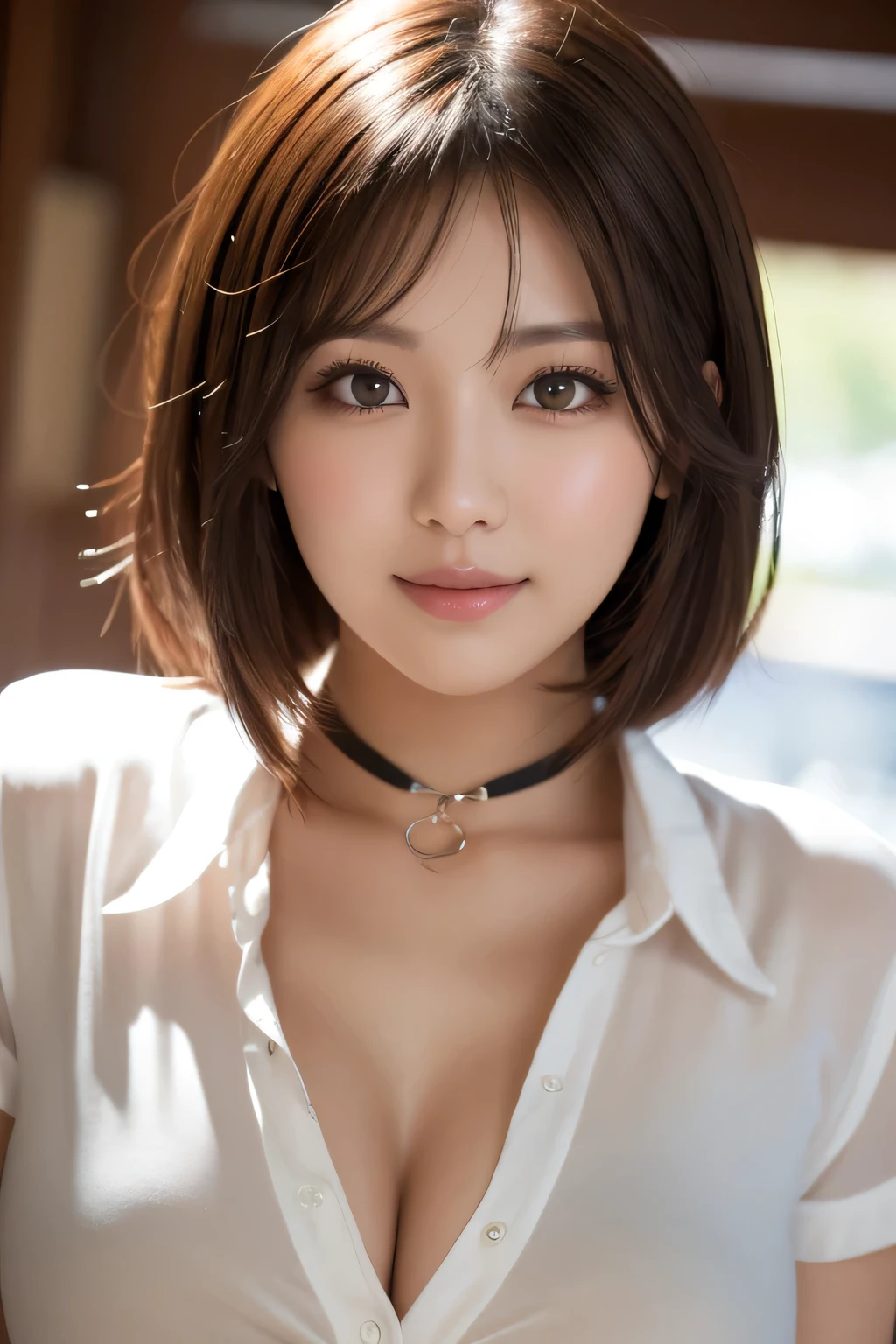 ((highest quality)), ((masterpiece)), (be familiar with), perfect face, masterpiece、highest quality、High resolution、table top、wallpaper、realistic、bright lighting、professional lighting、face light、smooth lighting、japanese woman、20th generation mid-plate、Beautiful woman、action、poor、super beautiful、beautiful skin、beautiful and detailed eyes、be familiar with顔、slim、moderately、short hair、brunette colored hair、brown eyes、look at the camera、big breasts、Best quality,soft lighting,、full body photo、from head to toe、White premium cotton shirt