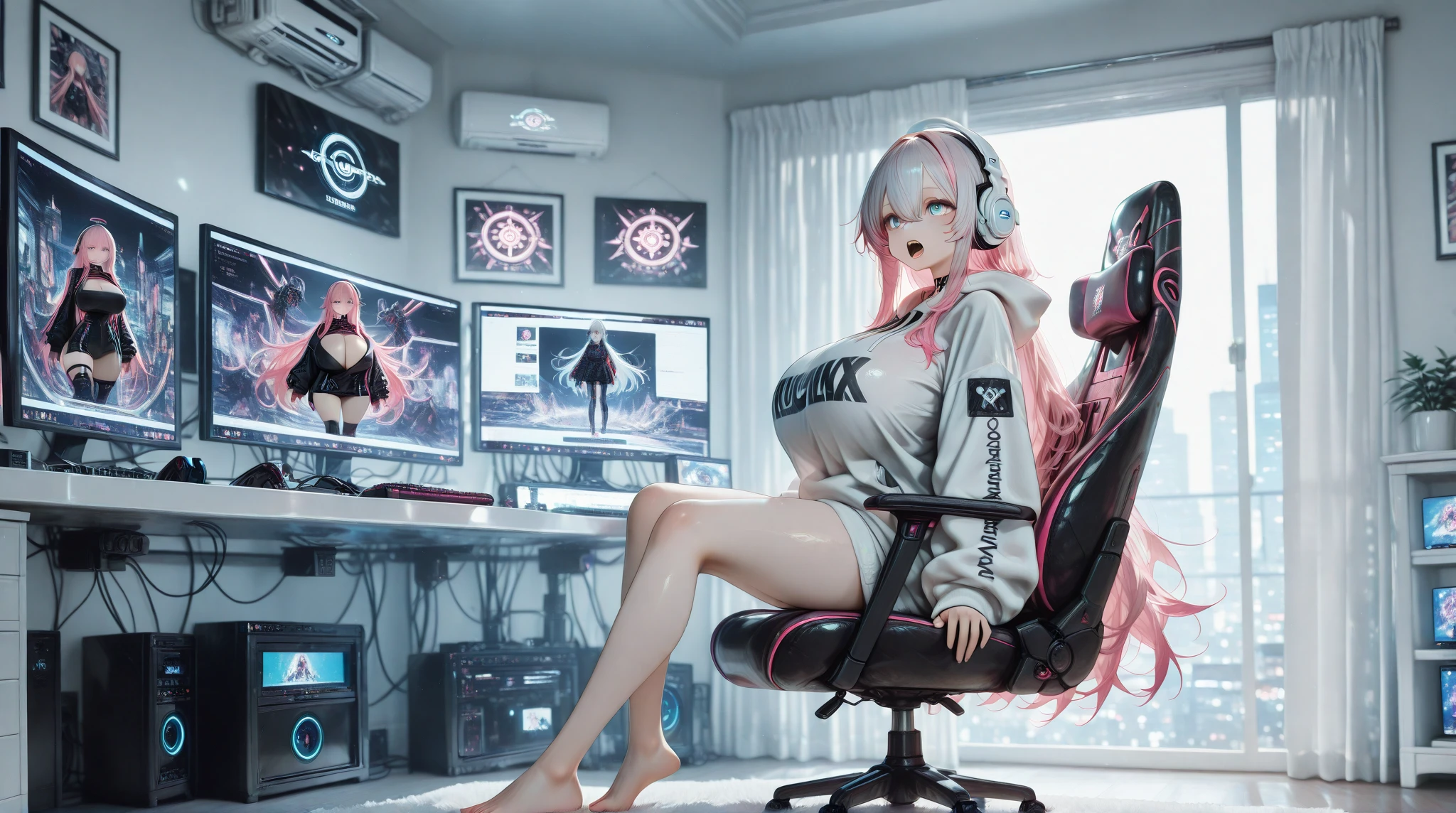 1girl, solo, anime girl with red and black hair sitting in chair with laptop, persona 5 style, modern cyberpunk anime, Kimie Kobayashi Laptop from NIGHT HEAD 2041, best quality, best eyes, high detailed official artwork, better eyes, better face
