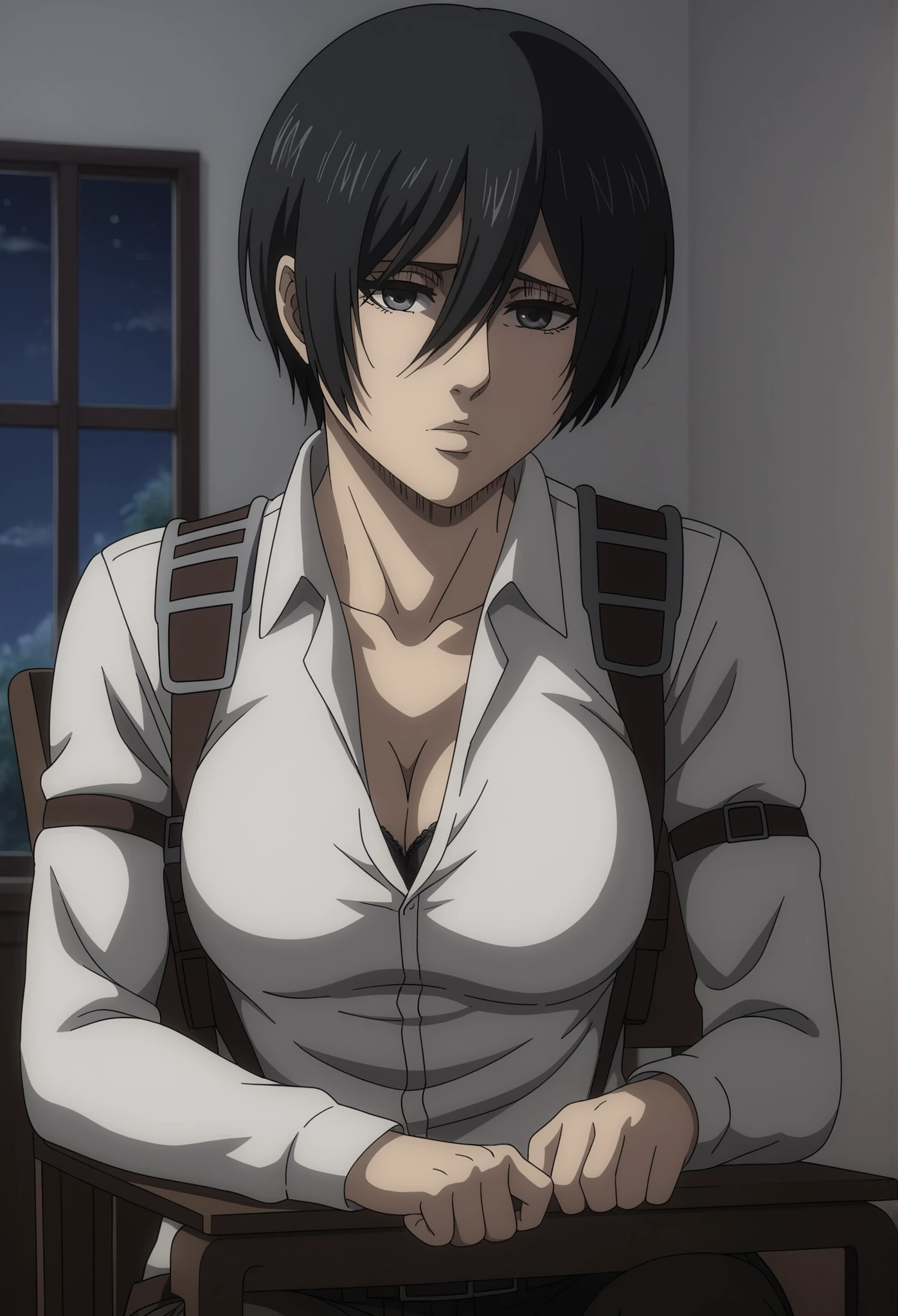 score_9, score_8_up, score_7_up, BREAK source_anime, mikasa ackrman, grey eyes, black hair, short hair, medium breasts,Mikasa wreanig black tight sport Elastic fiber bra and black loose military trousers,mikasa with good looking body,perfect lighting,mikasa final season design,mikasa mappa version, mikasa sitting on chair, Perfect generation,mikasa short hairstyle,mikasa season 4 version,attack on titan graphics,in night,HD wallpaper,perfect colors,pixie cut hairstyle, normal body size, white shirt, anime style,attack on titan season 4 style,upper body, mikasa handsome face,in bedroom,light trun off in room,mikasa alone in room,solo,1girl, shy face, cleavage